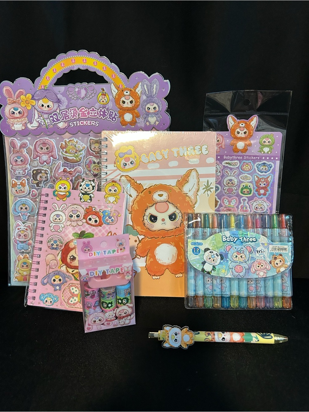 Baby Three Sticker & Stationery Set - Orange, Pink, Purple